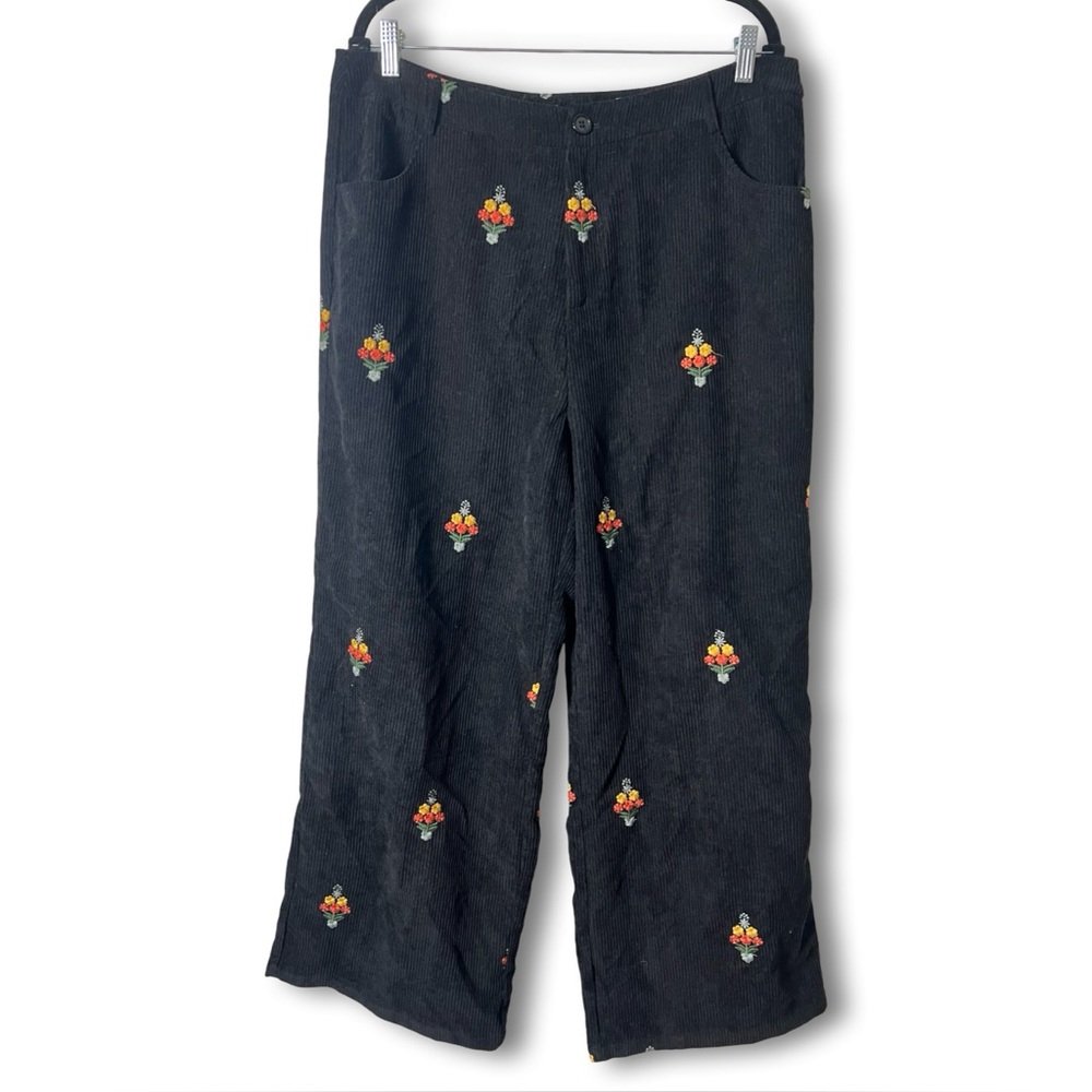 Cider Womens Black Corduroy Floral Embroidered Wide‎ Leg Pants NWT Sz 1XL